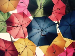 Vibrant umbrellas create a colorful canopy