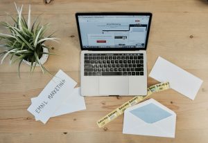 laptop beside white papers and plant