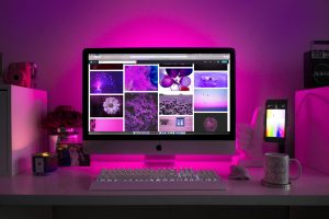 Modern desk setup with neon lighting