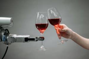 A robot and human hand clink glasses of red wine